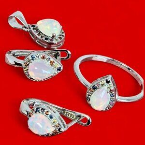 925 Sterling Silver Jewelry Set with Natural White Opal & Multicolor Sapphire